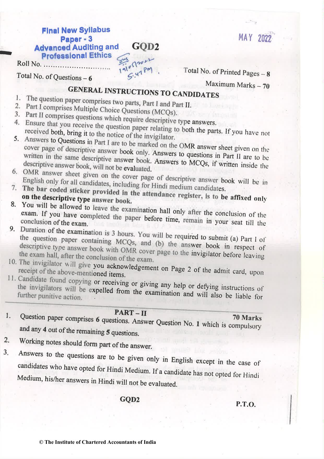 CA Final May 2022 Question Paper - Paper 3 – Advanced Auditing and Professional Ethics - Page 1