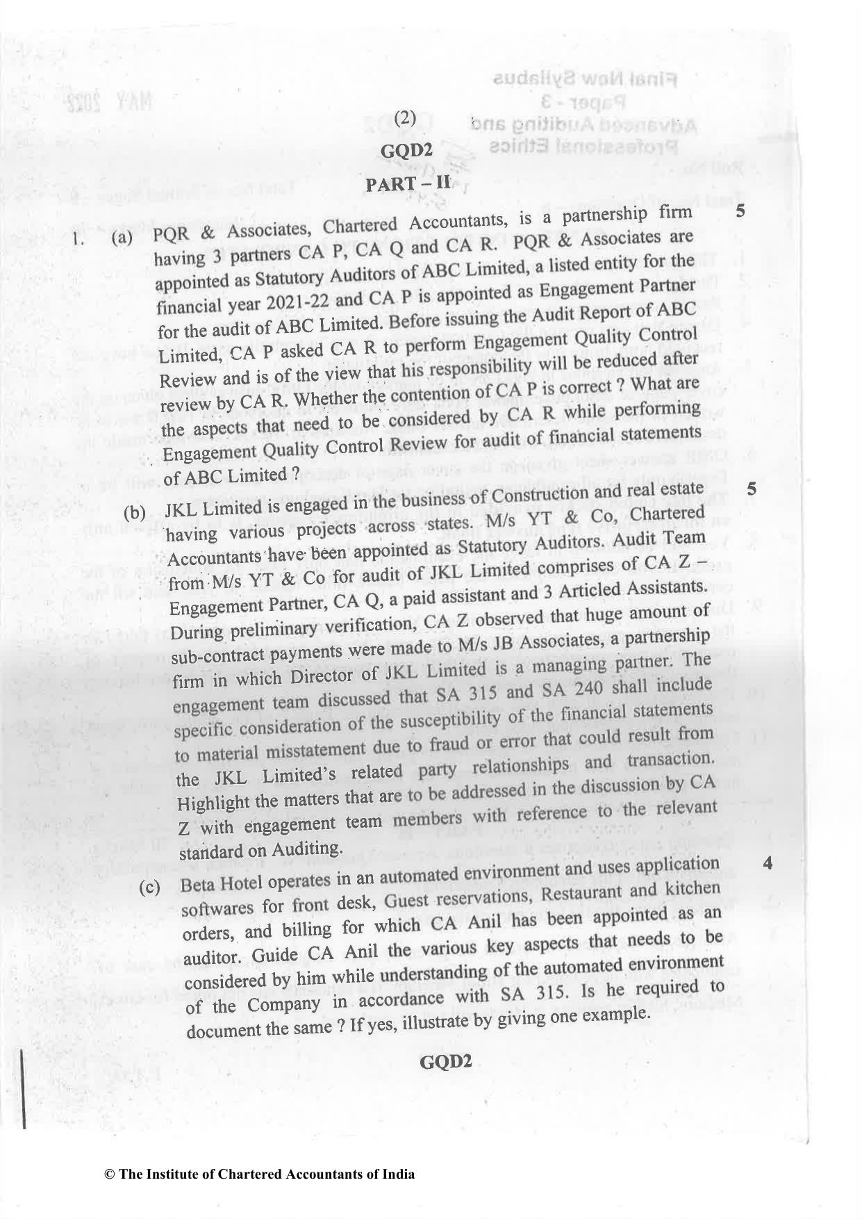 CA Final May 2022 Question Paper - Paper 3 – Advanced Auditing and Professional Ethics - Page 2