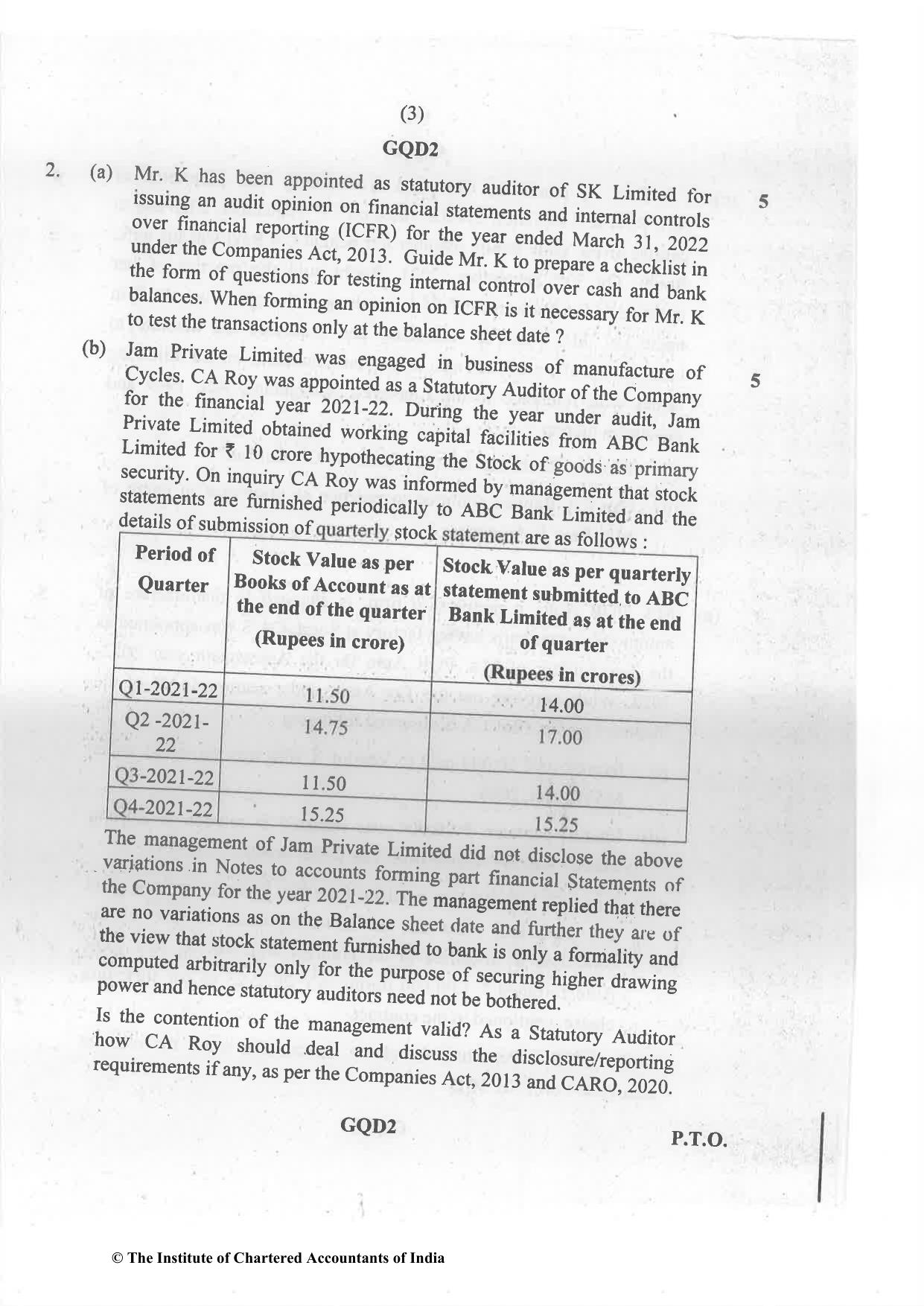 CA Final May 2022 Question Paper - Paper 3 – Advanced Auditing and Professional Ethics - Page 3