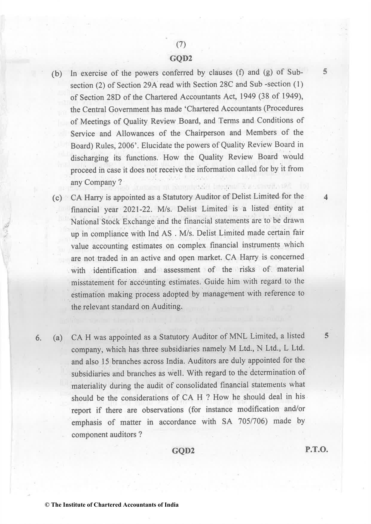 CA Final May 2022 Question Paper - Paper 3 – Advanced Auditing and Professional Ethics - Page 7
