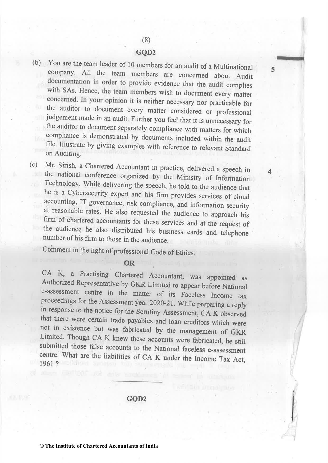 CA Final May 2022 Question Paper - Paper 3 – Advanced Auditing and Professional Ethics - Page 8