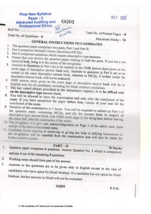 CA Final May 2022 Question Paper - Paper 3 – Advanced Auditing and Professional Ethics