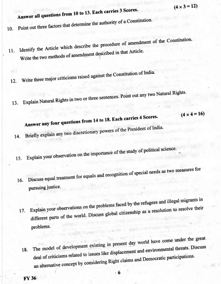 Kerala Plus One 2019 Political Science Question Paper - Page 6