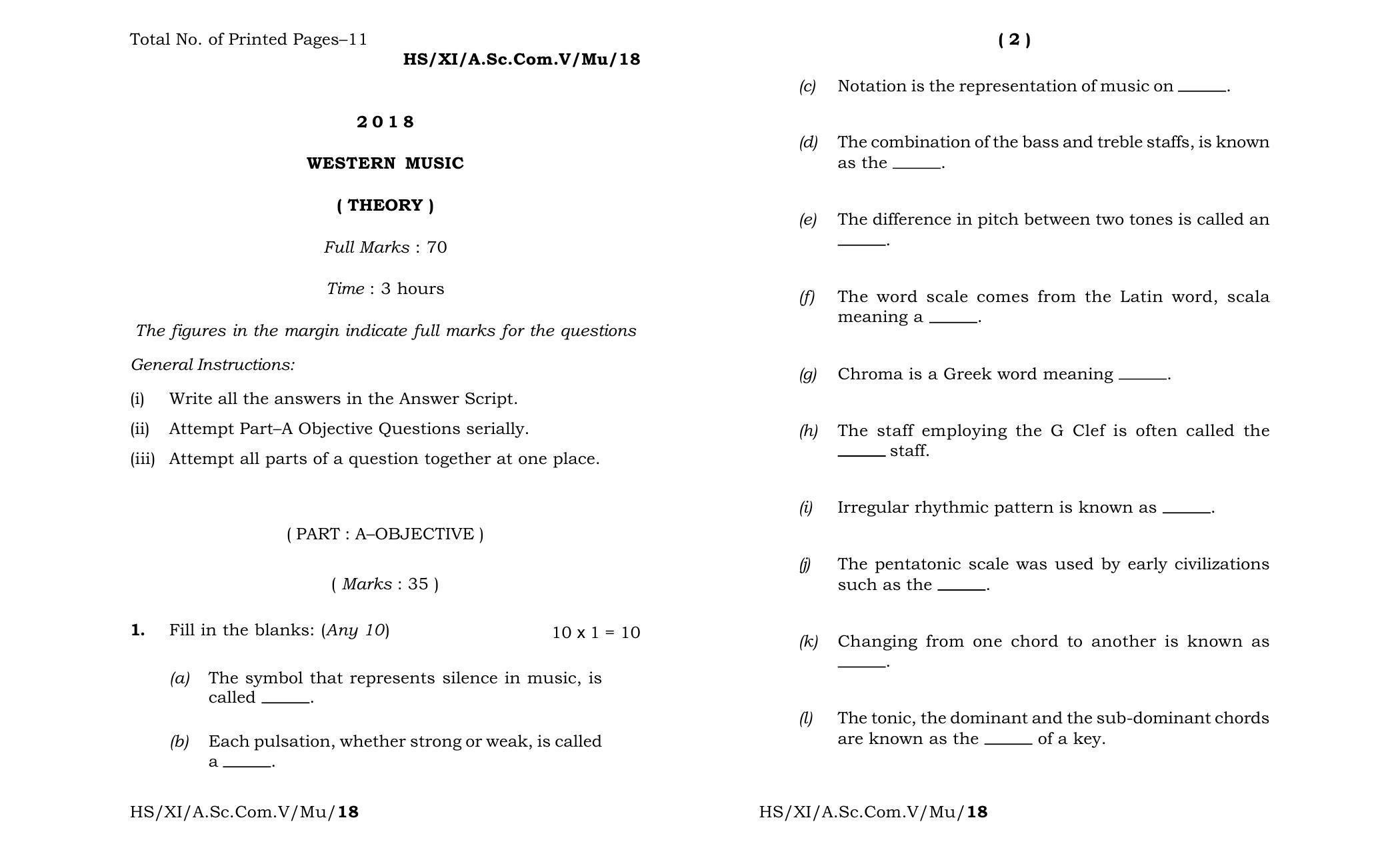 Meghalaya Board (MBOSE) Class 11 Western_Music 2018 Question Paper - Page 1
