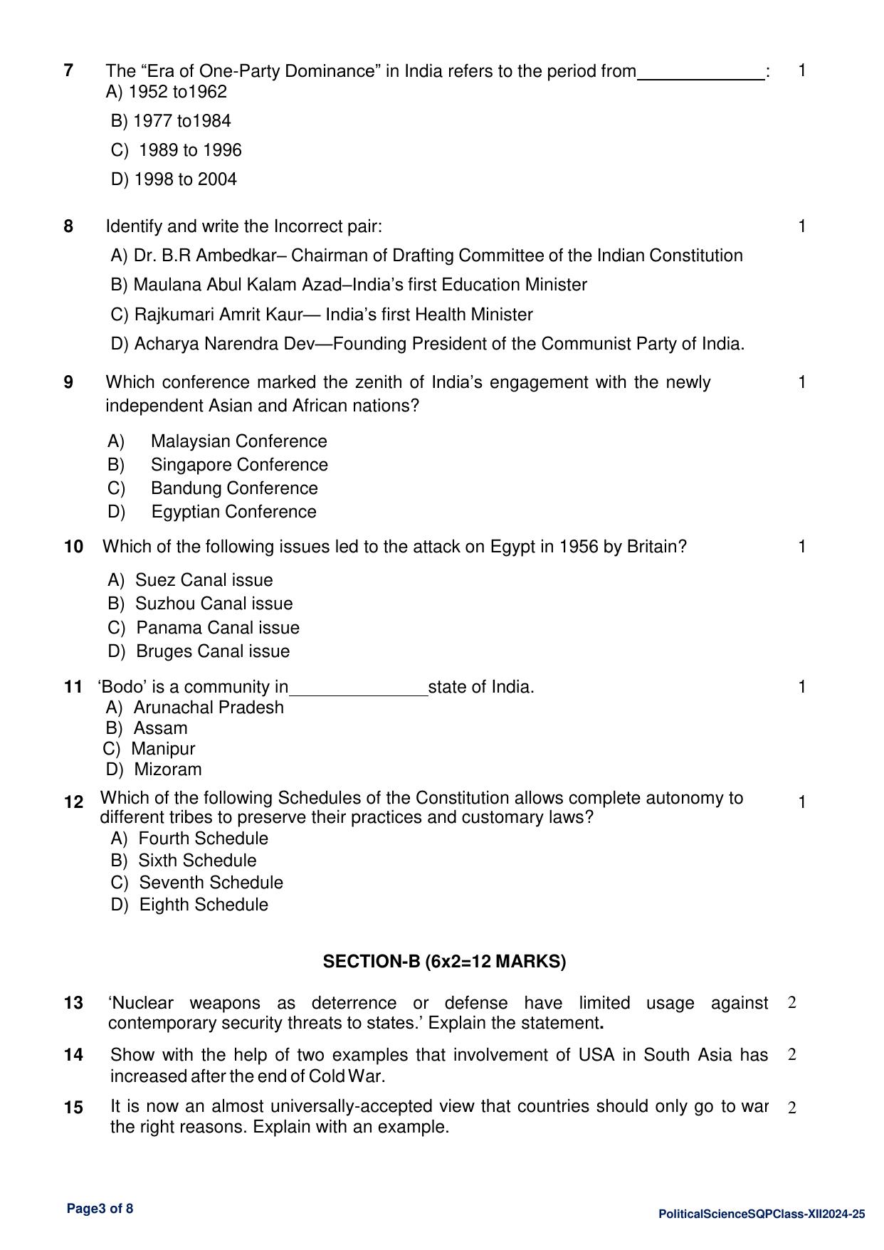 CBSE Class 12 Political Science Sample Question Paper 2024-25 - Page 3