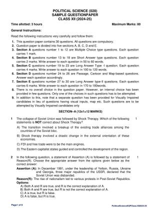 CBSE Class 12 Political Science Sample Question Paper 2024-25