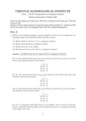 CMI Entrance Exam 2020 Solutions MSc/PhD Computer Science