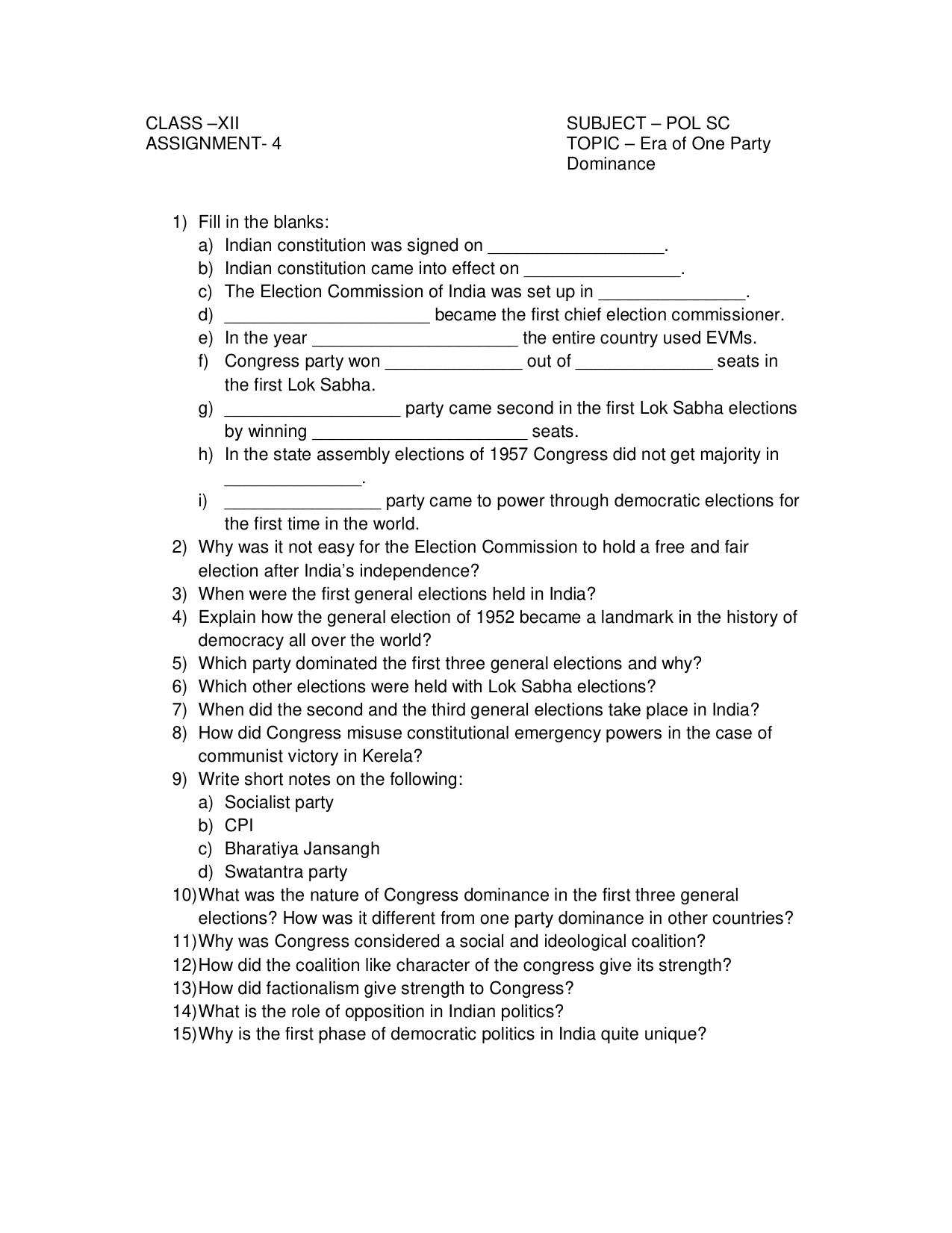 CBSE Worksheets for Class 12 Political Science Assignment 02 - Page 1
