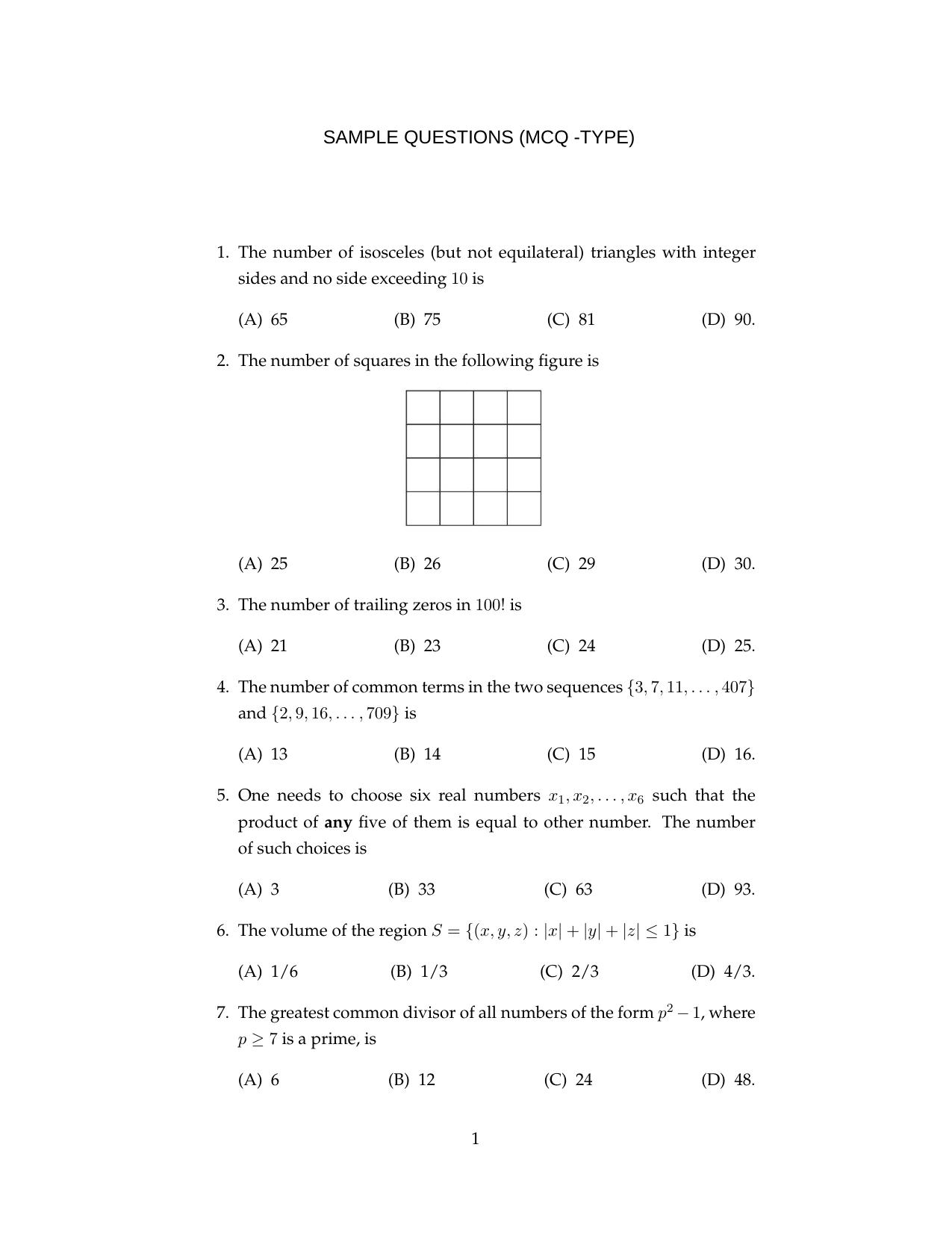 ISI Admission Test MMA (MCQ- Type) 2018 Sample Paper - Page 1
