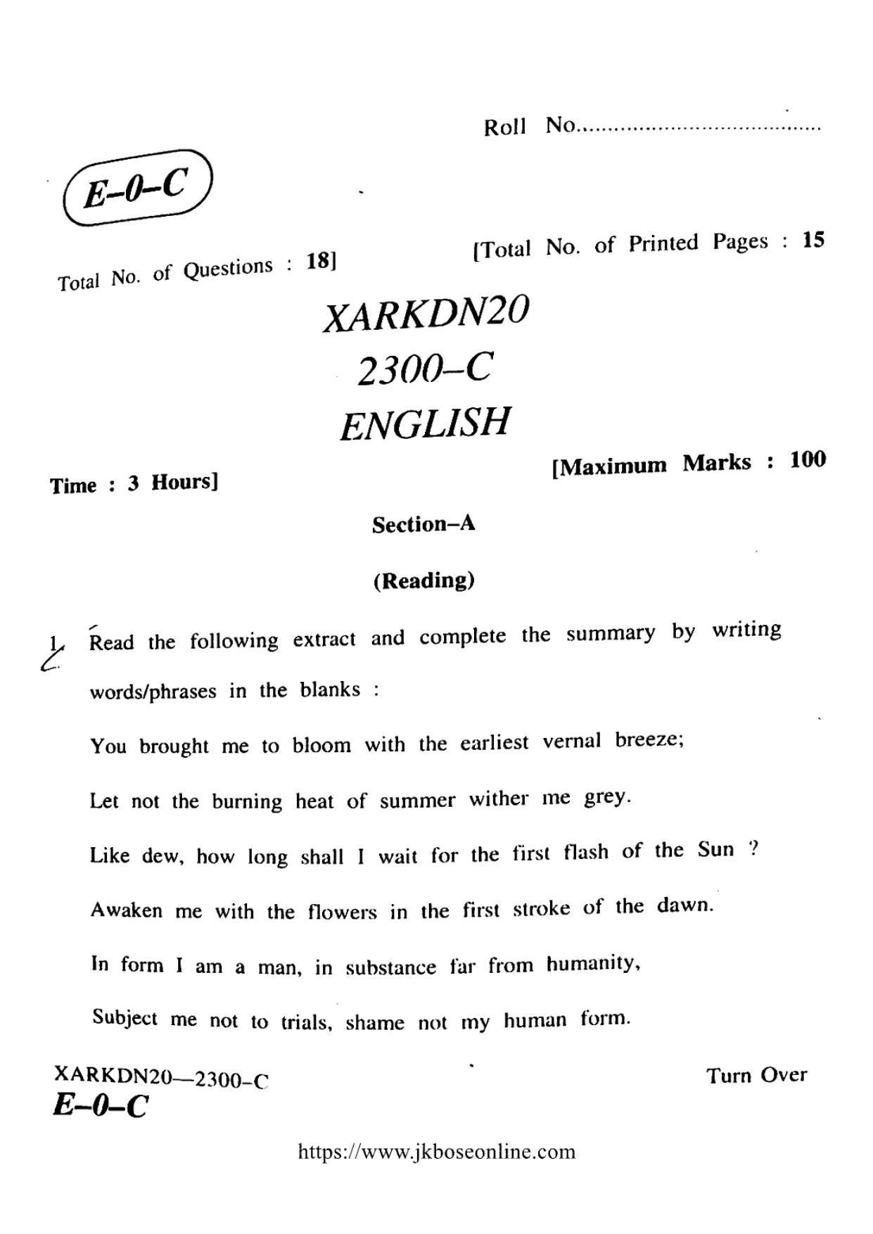 JKBOSE CLASS 10 English (2300-C) 2020 - Page 1
