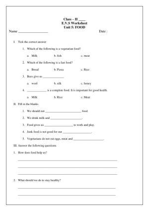 Worksheets for Class 2 EVS Assignment 9 Our Food