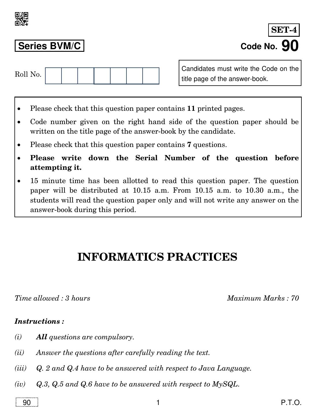 CBSE Class 12 90 INFORMATICS PRACTICES 2019 Compartment Question Paper - Page 1
