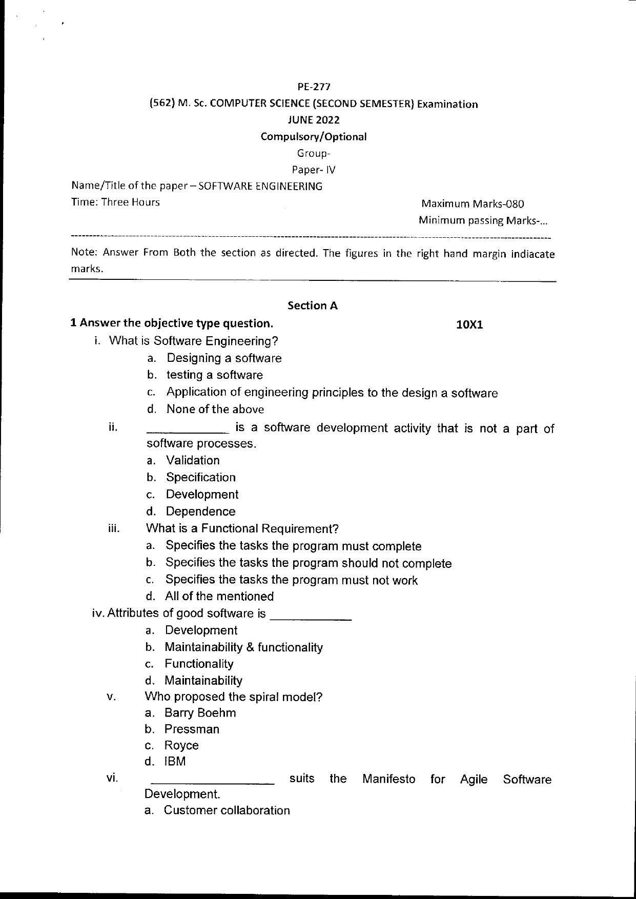 Bilaspur University Question Paper June 2022:M.Sc. Computer Science (Second Semester) Software Engineering Paper 1 - Page 1