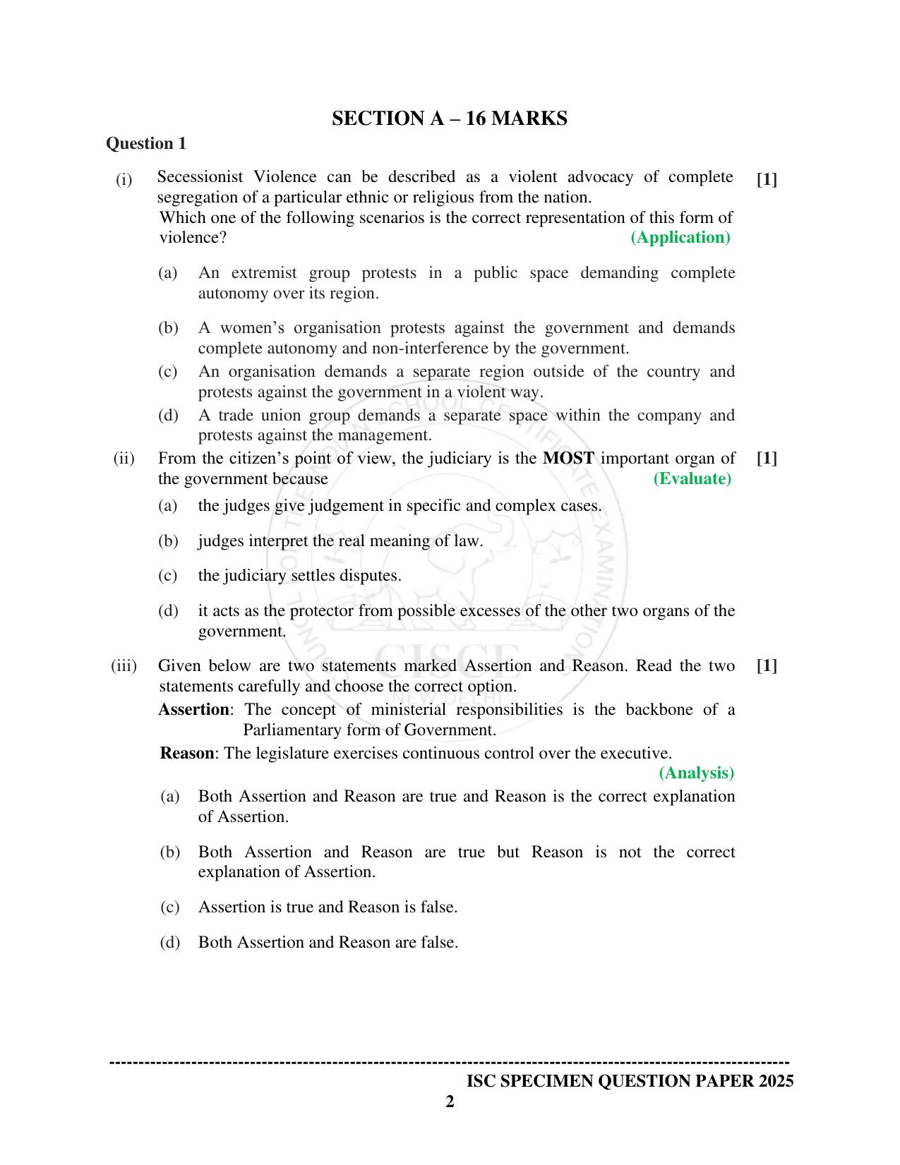 ISC Class 12 2025 POLITICAL SCIENCE  (SQP & AK) Specimen Paper - Page 2