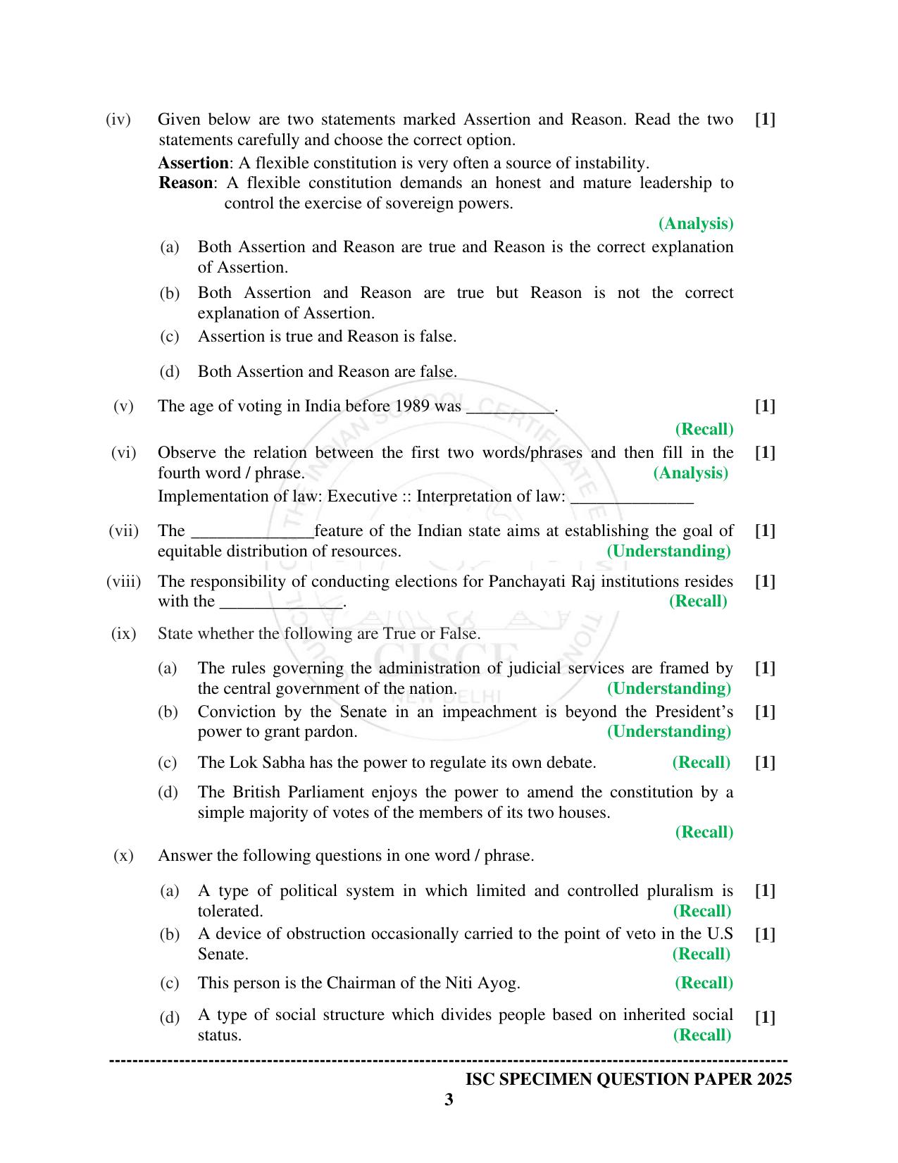 ISC Class 12 2025 POLITICAL SCIENCE  (SQP & AK) Specimen Paper - Page 3