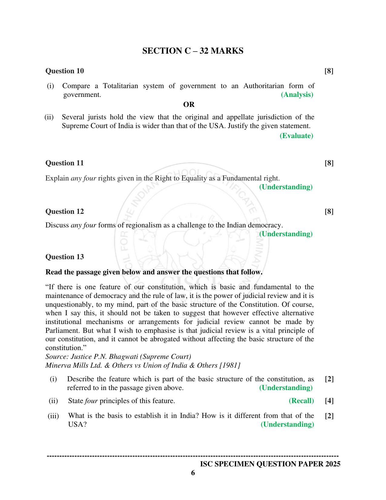 ISC Class 12 2025 POLITICAL SCIENCE  (SQP & AK) Specimen Paper - Page 6