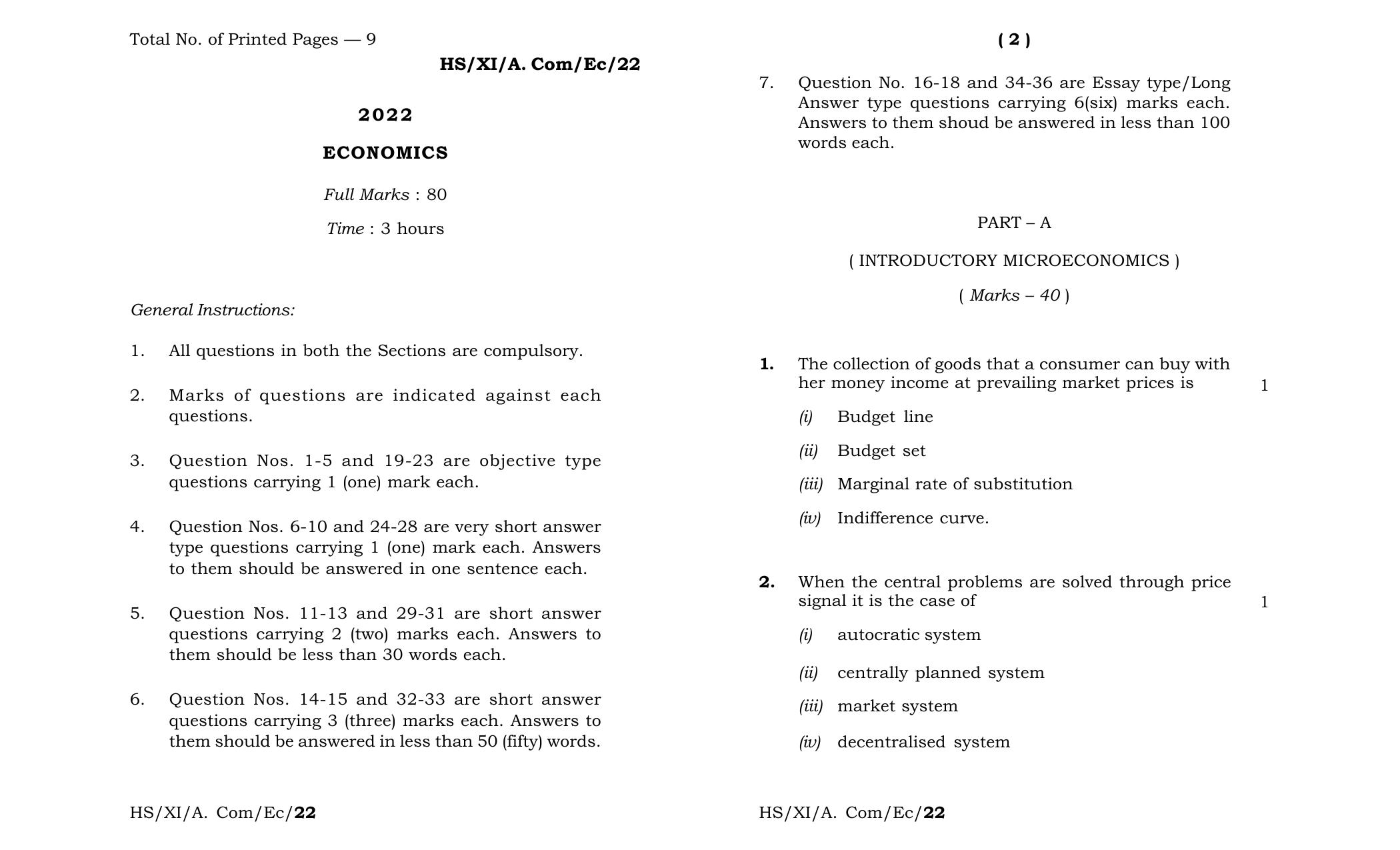 Meghalaya Board (MBOSE) Class 11 Economics (theory) 2022 Question Paper - Page 1