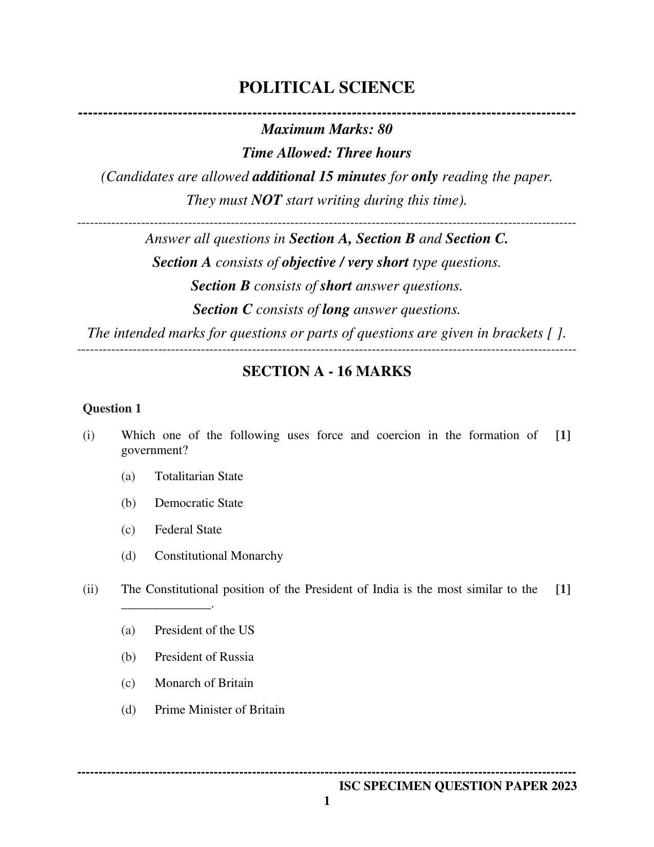 ISC Class 12  Political Science Sample Paper 2023 - Page 1