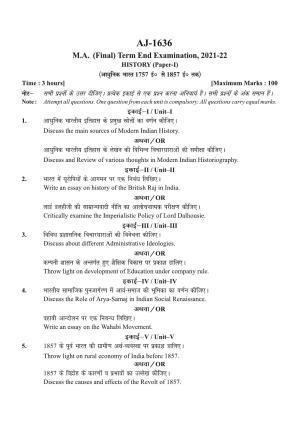 Bilaspur University Question Paper 2021-2022:M.A (Final) History Modern India (1757 A.D.- 1857 A.D.) Paper 1