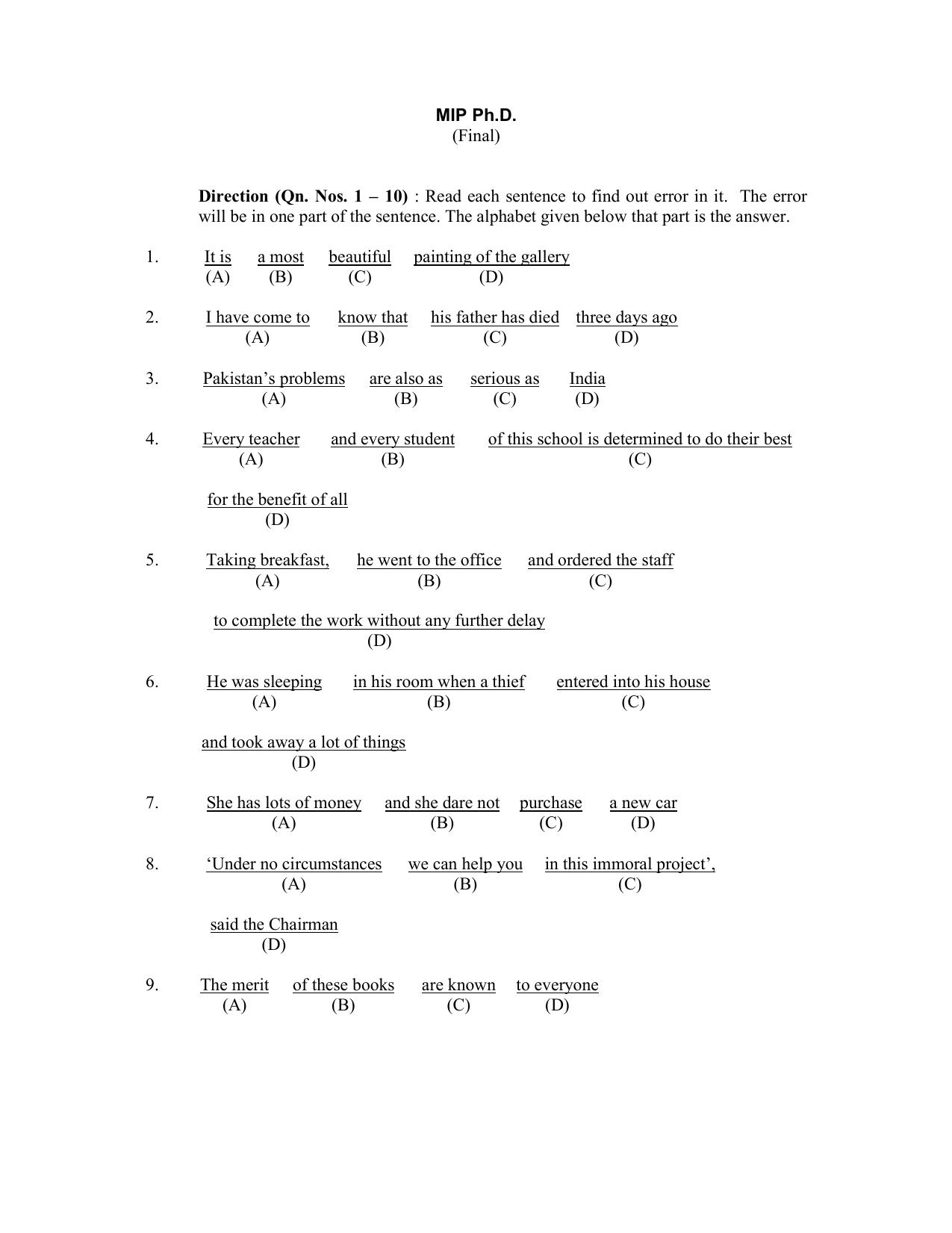 CUSAT CAT 2017 MIP Ph.D Question Paper - Page 1