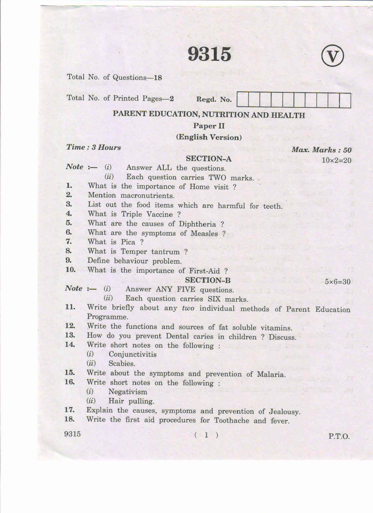 AP Inter 2nd Yea Parent Education, Nutrition and Health-II March-2019-Vocational Question Paper - Page 1