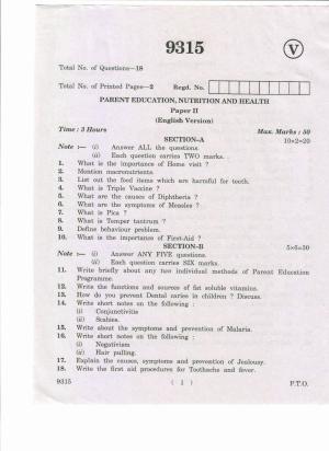 AP Inter 2nd Yea Parent Education, Nutrition and Health-II March-2019-Vocational Question Paper