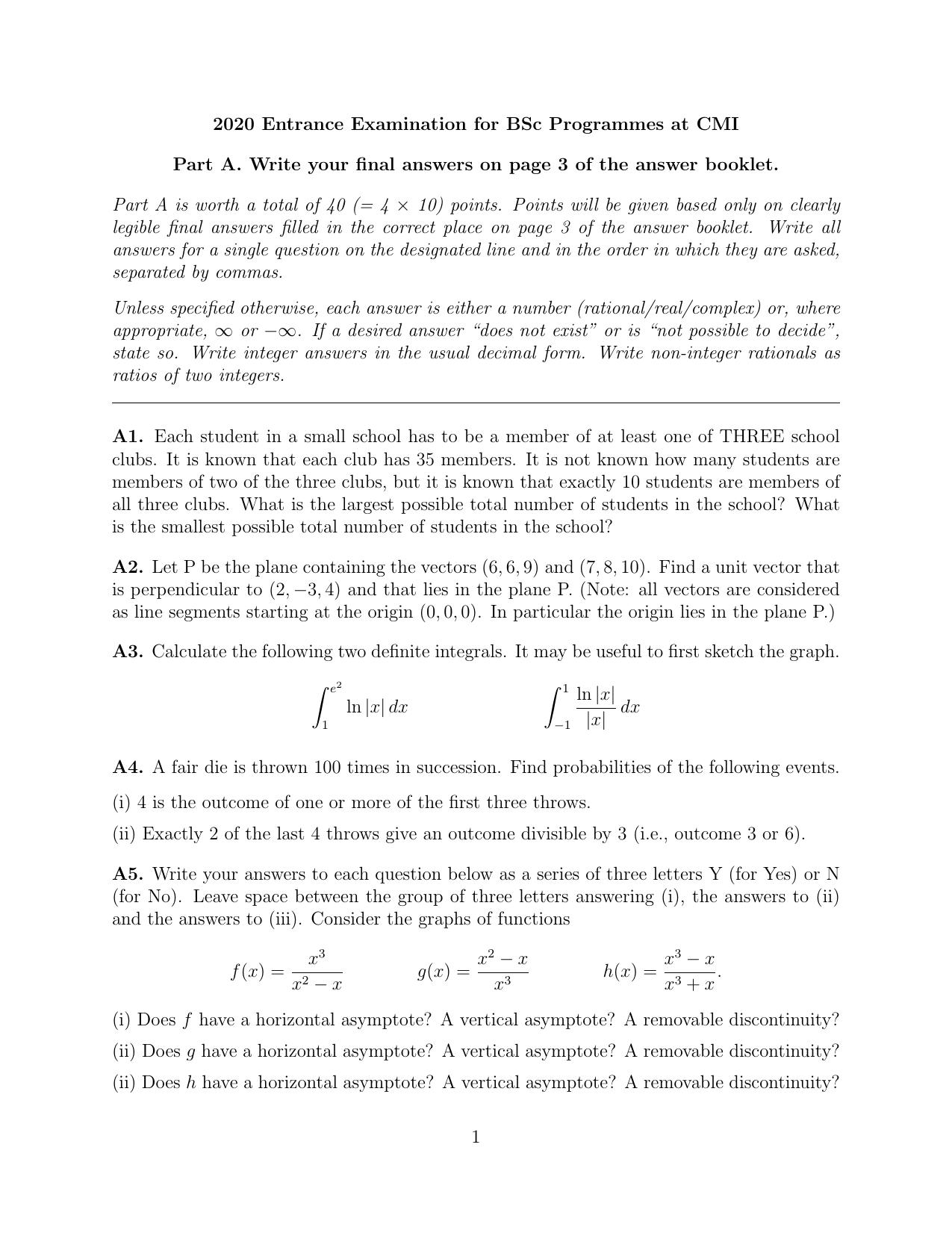 CMI Entrance Exam 2020 Question Paper B.Sc (Hons.) Mathematics and Computer Science - Page 1