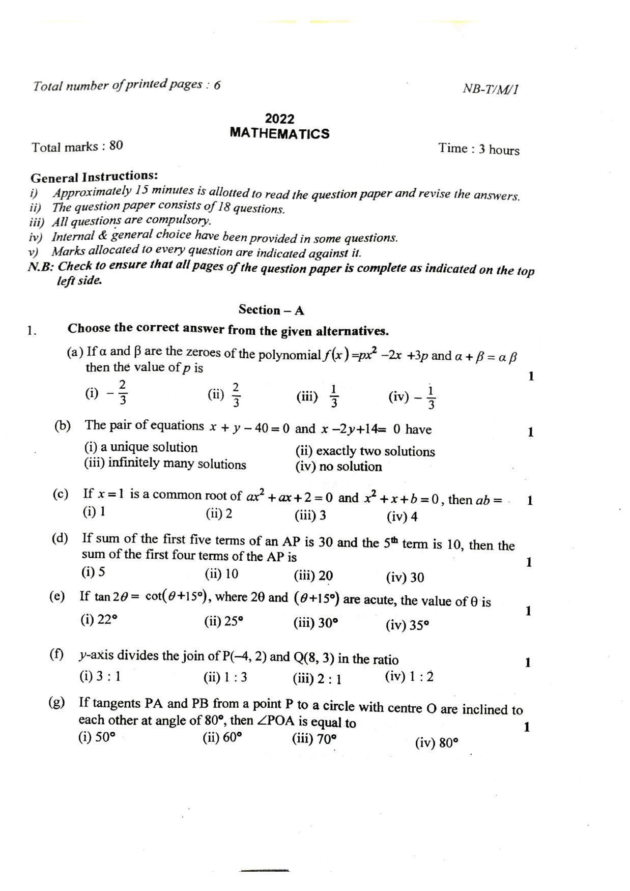 Nagaland Board Class 10 Mathematics 2022 Question Paper - Page 1