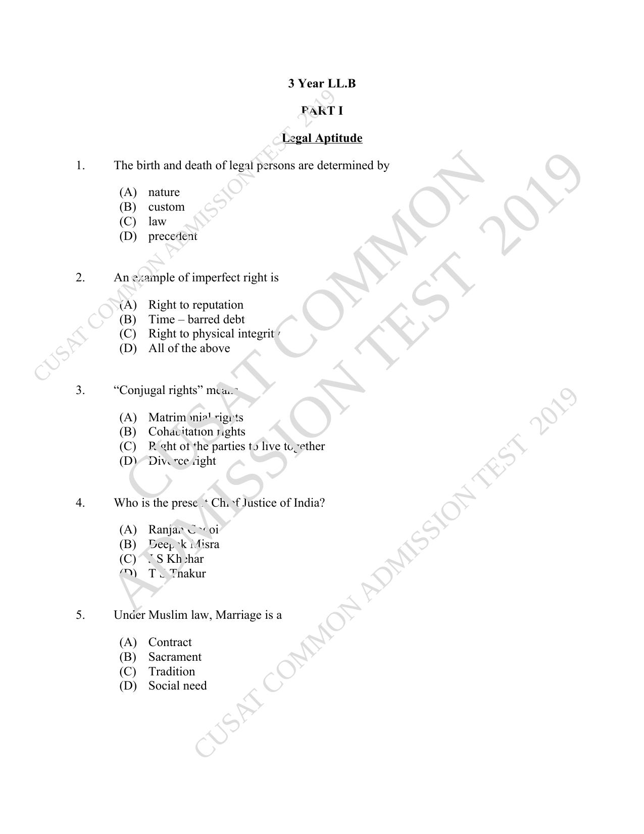 CUSAT CAT 2019 3 Year LLB Question Paper With Answer Key - Page 1