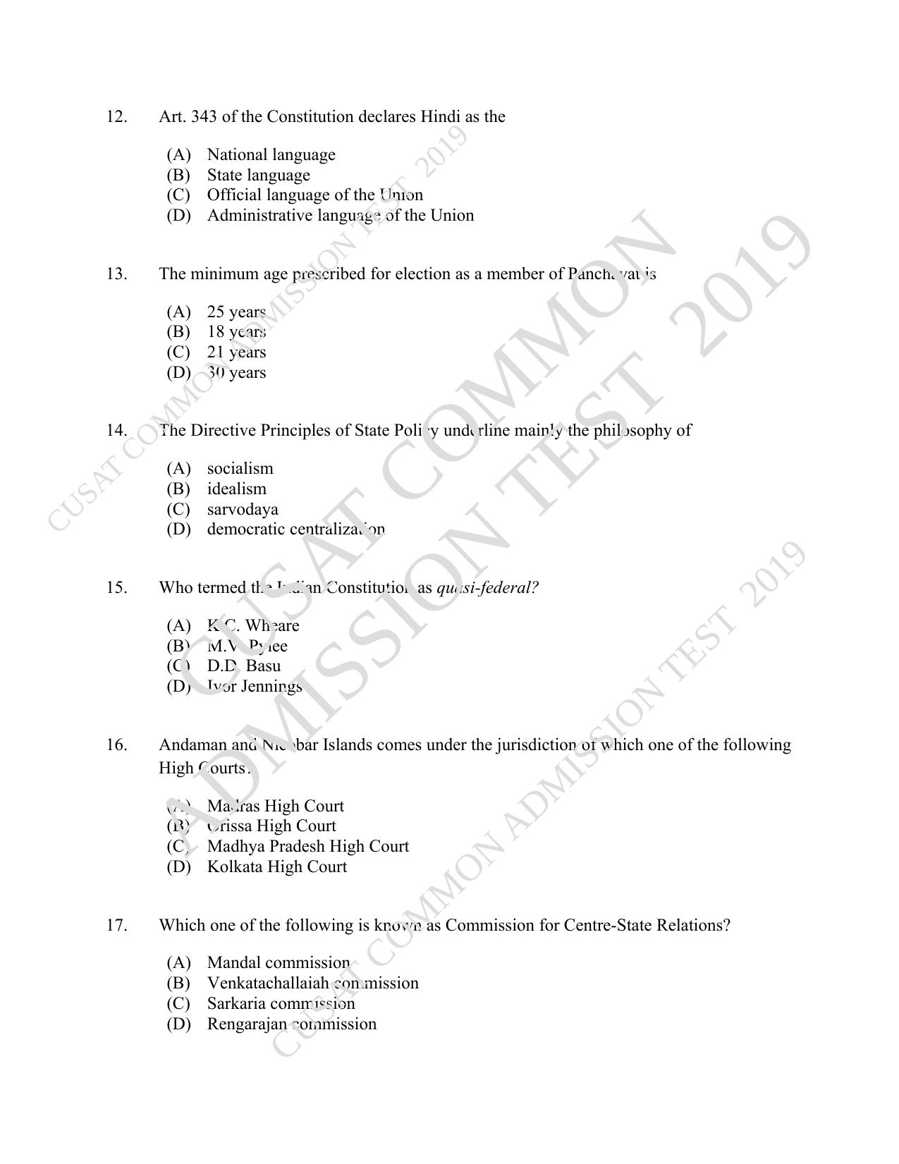 CUSAT CAT 2019 3 Year LLB Question Paper With Answer Key - Page 3