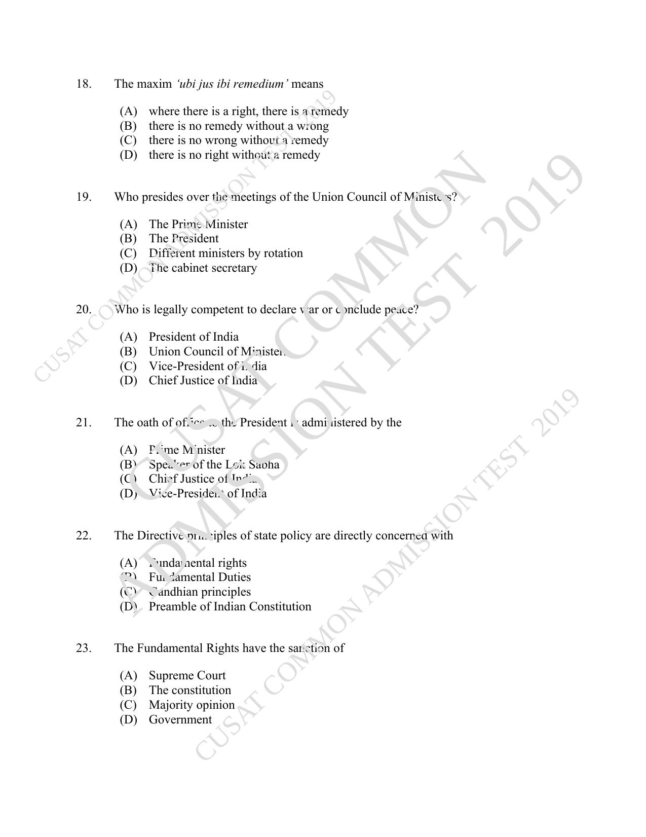 CUSAT CAT 2019 3 Year LLB Question Paper With Answer Key - Page 4