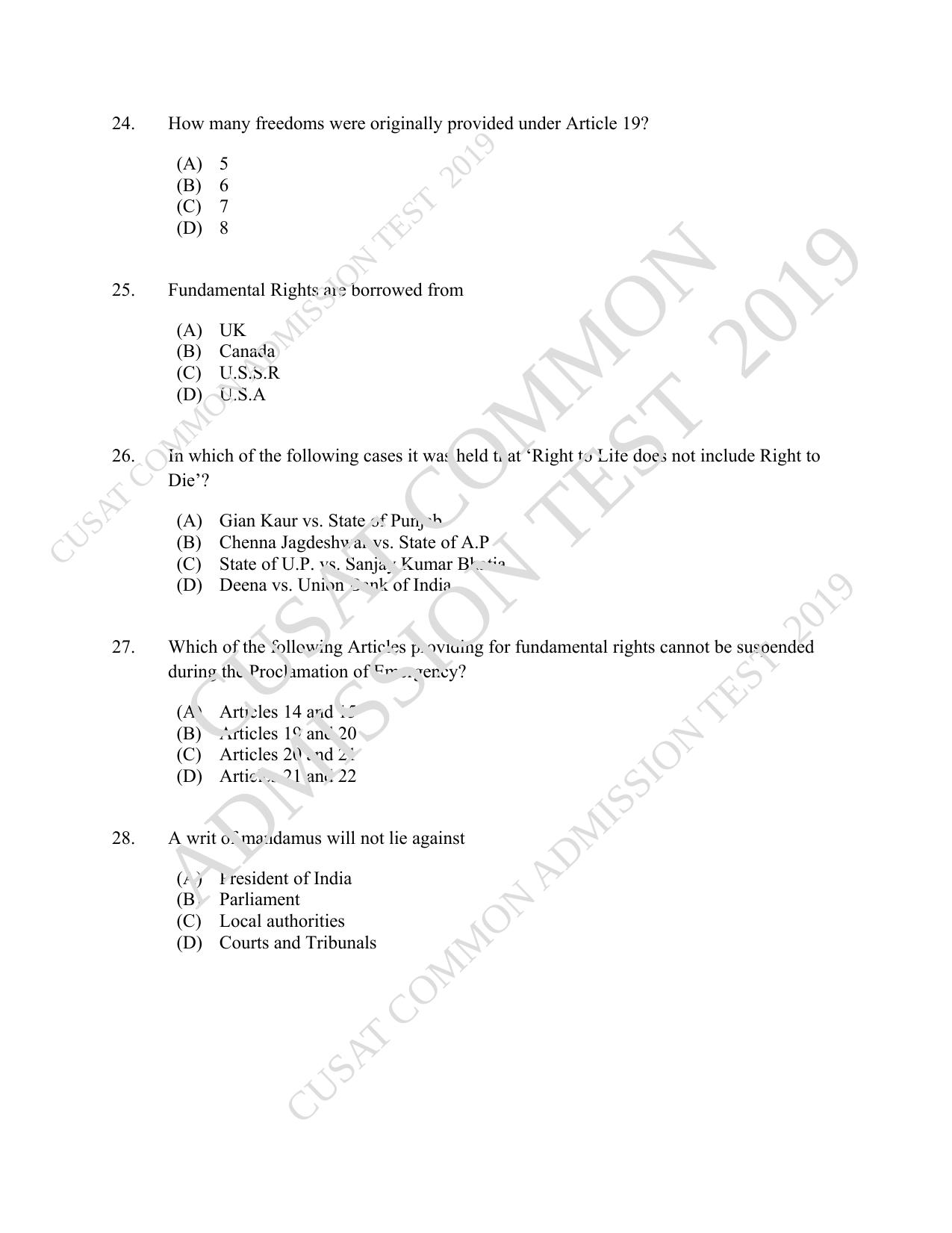 CUSAT CAT 2019 3 Year LLB Question Paper With Answer Key - Page 5