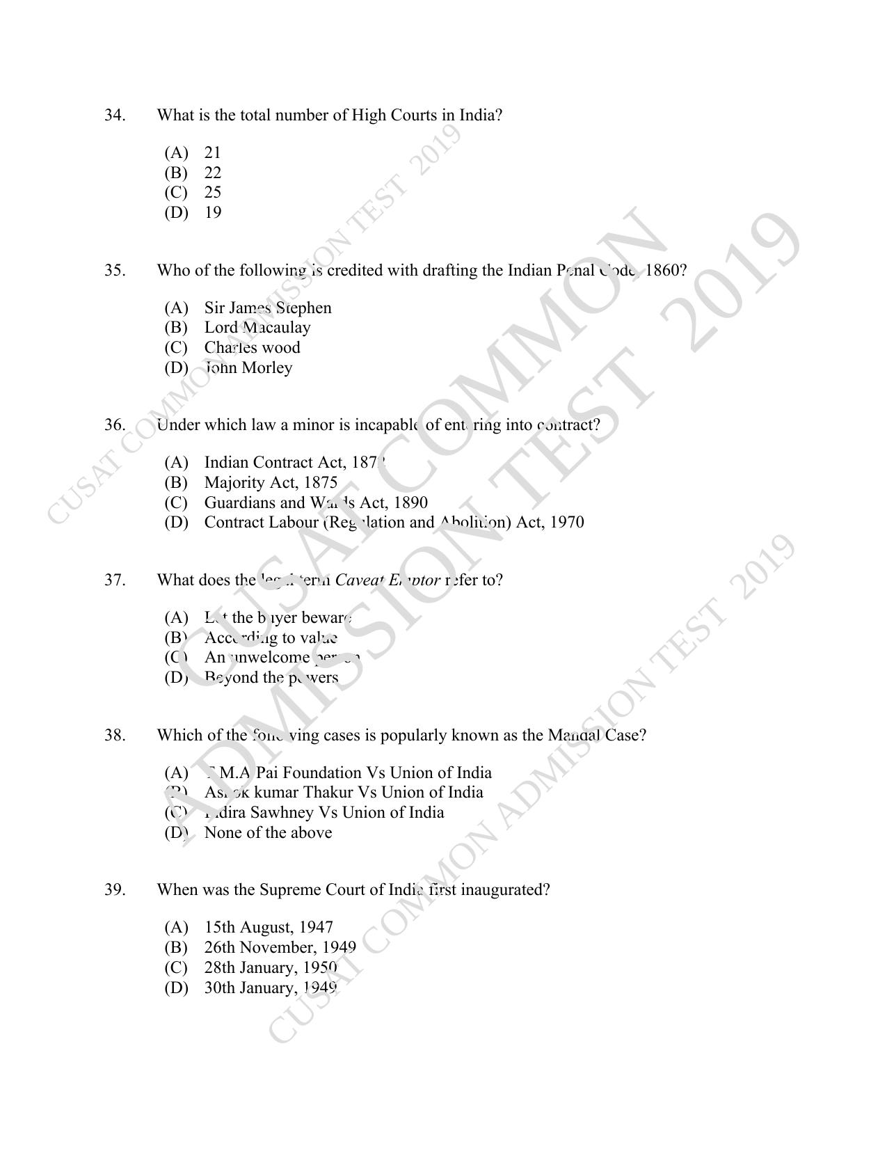 CUSAT CAT 2019 3 Year LLB Question Paper With Answer Key - Page 7