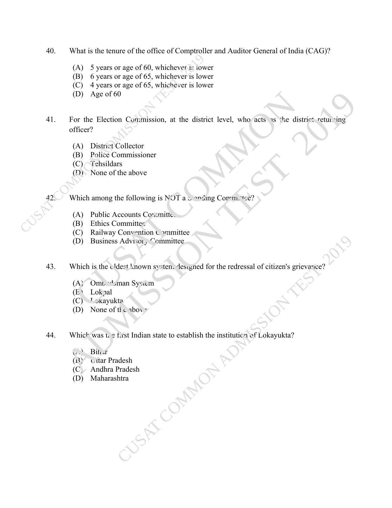 CUSAT CAT 2019 3 Year LLB Question Paper With Answer Key - Page 8