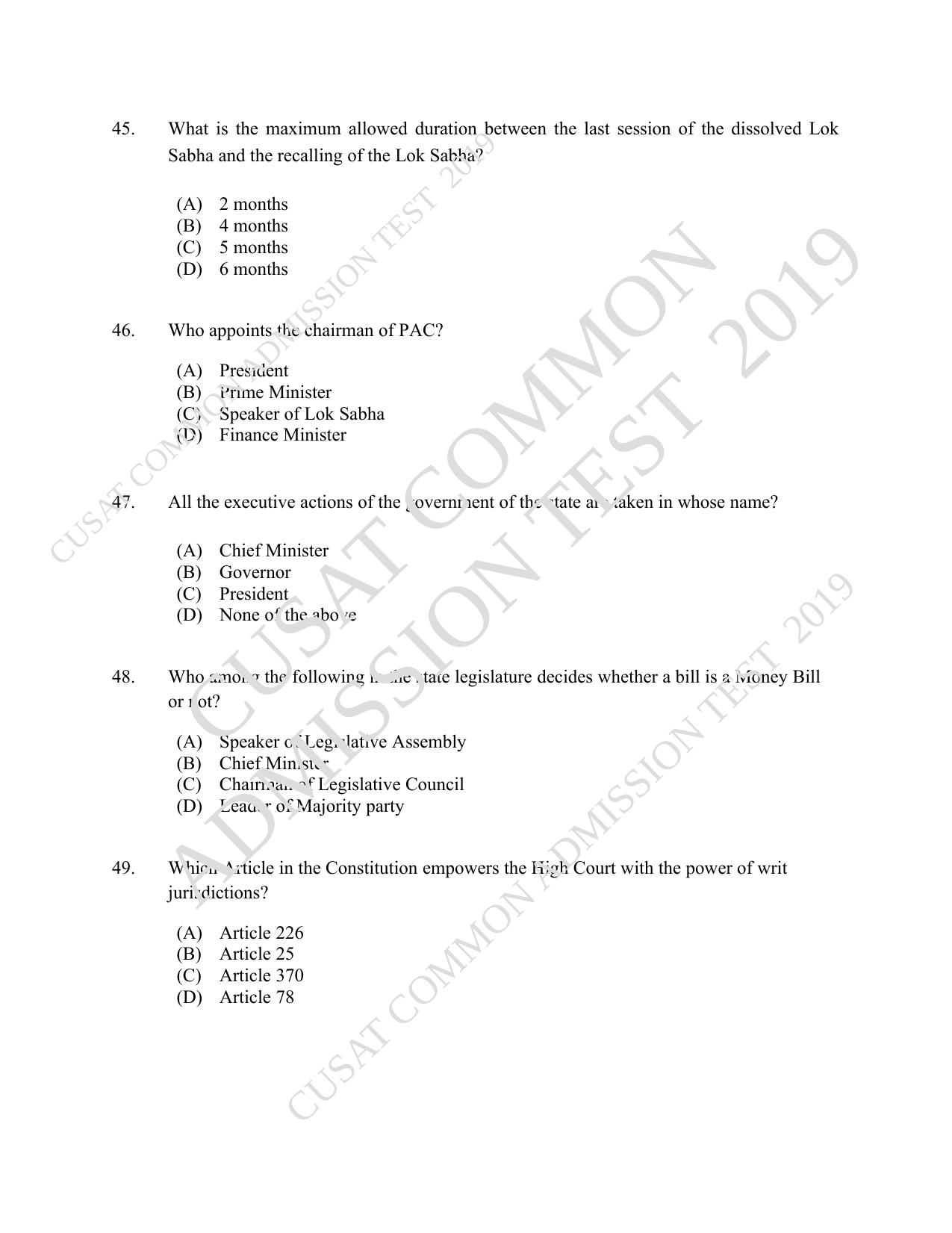 CUSAT CAT 2019 3 Year LLB Question Paper With Answer Key - Page 9
