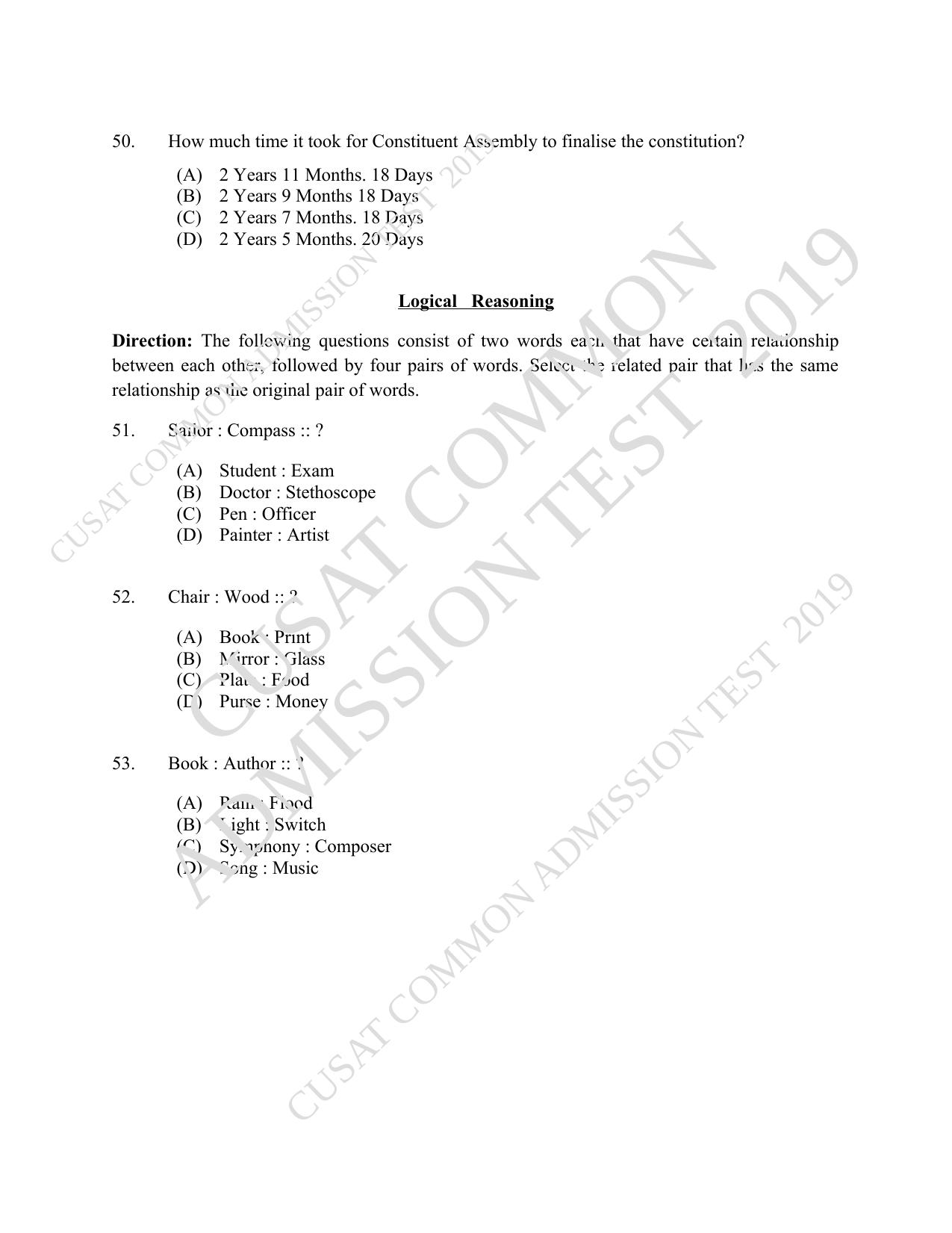 CUSAT CAT 2019 3 Year LLB Question Paper With Answer Key - Page 10