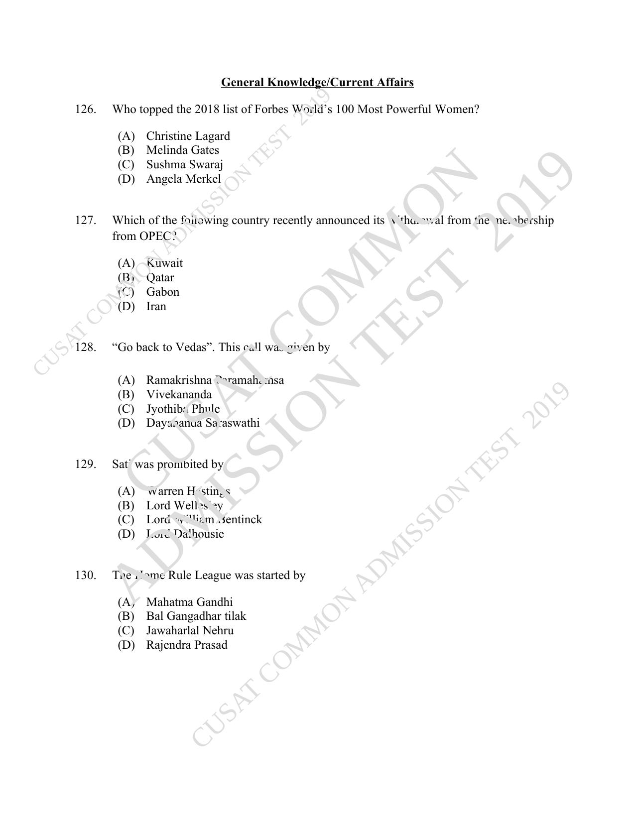 CUSAT CAT 2019 3 Year LLB Question Paper With Answer Key - Page 30