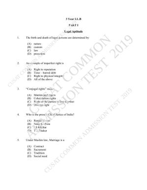CUSAT CAT 2019 3 Year LLB Question Paper With Answer Key