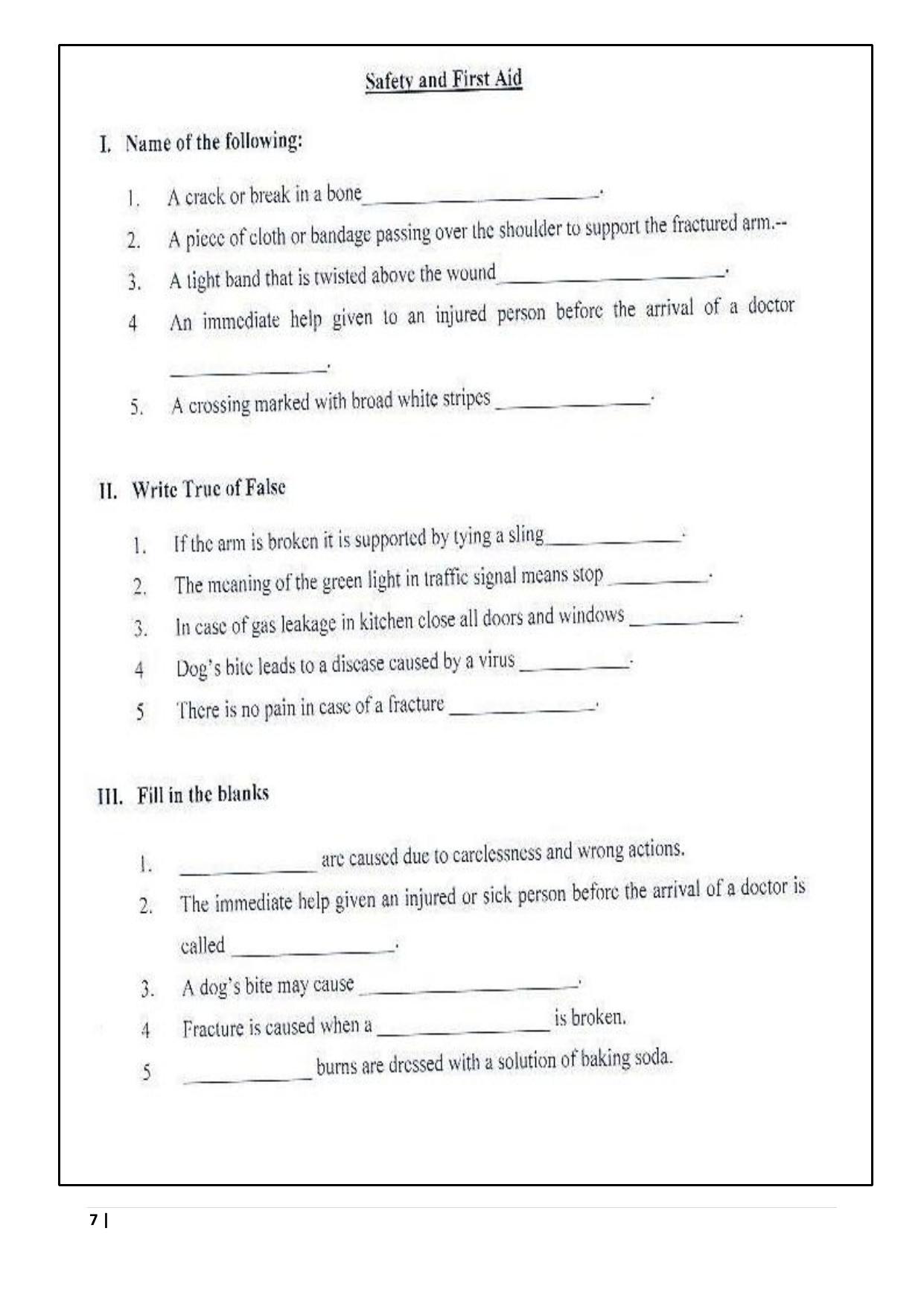 Worksheet for Class 5 Science Safety and First Aid Assignment 3 - Page 1