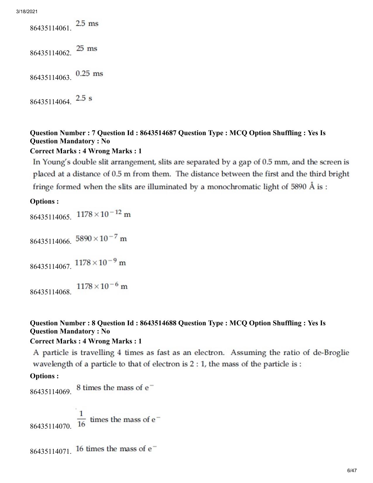 JEE Mains 2021: BTech	(Shift 1) 18-03-2021 Question Paper - Page 6