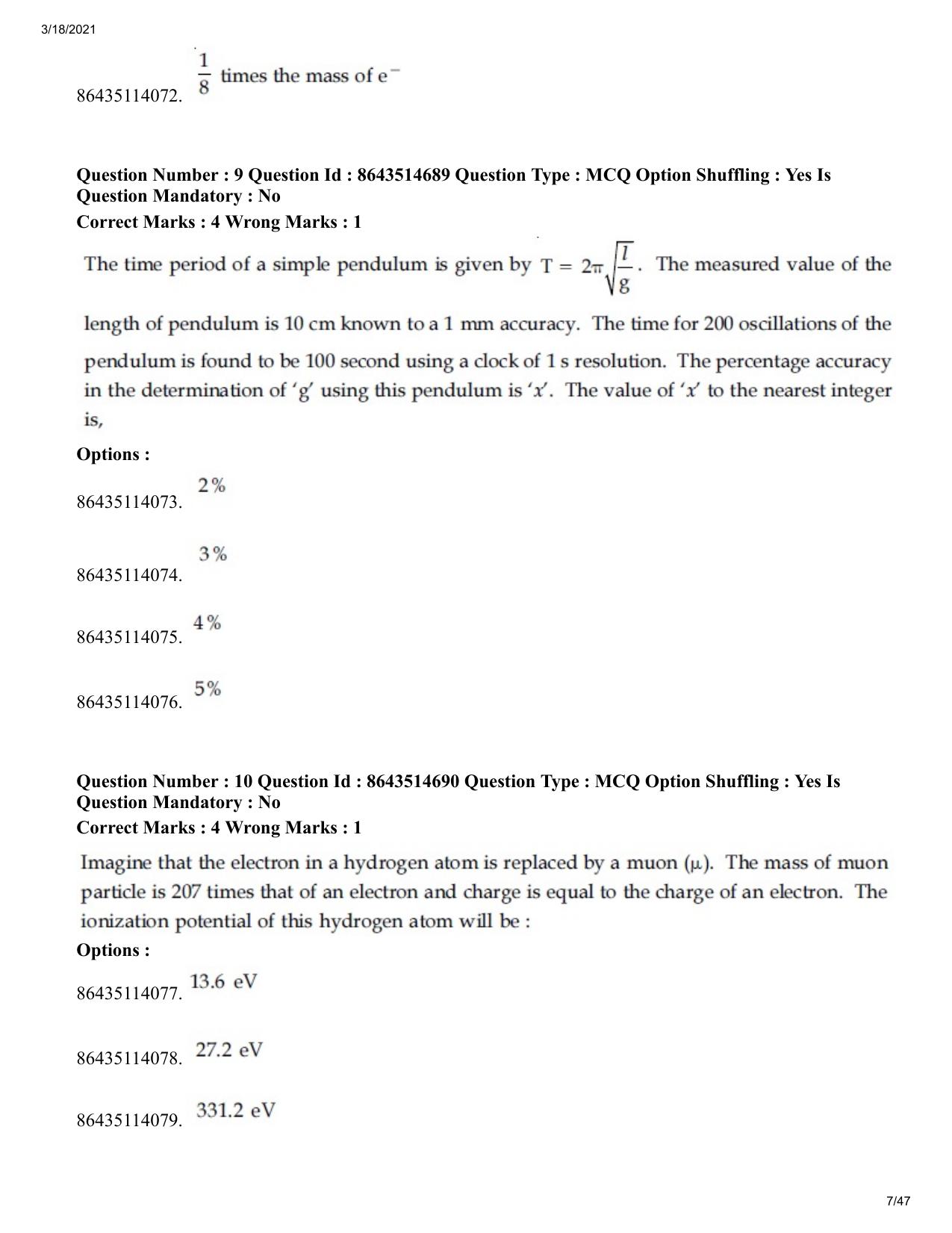 JEE Mains 2021: BTech	(Shift 1) 18-03-2021 Question Paper - Page 7