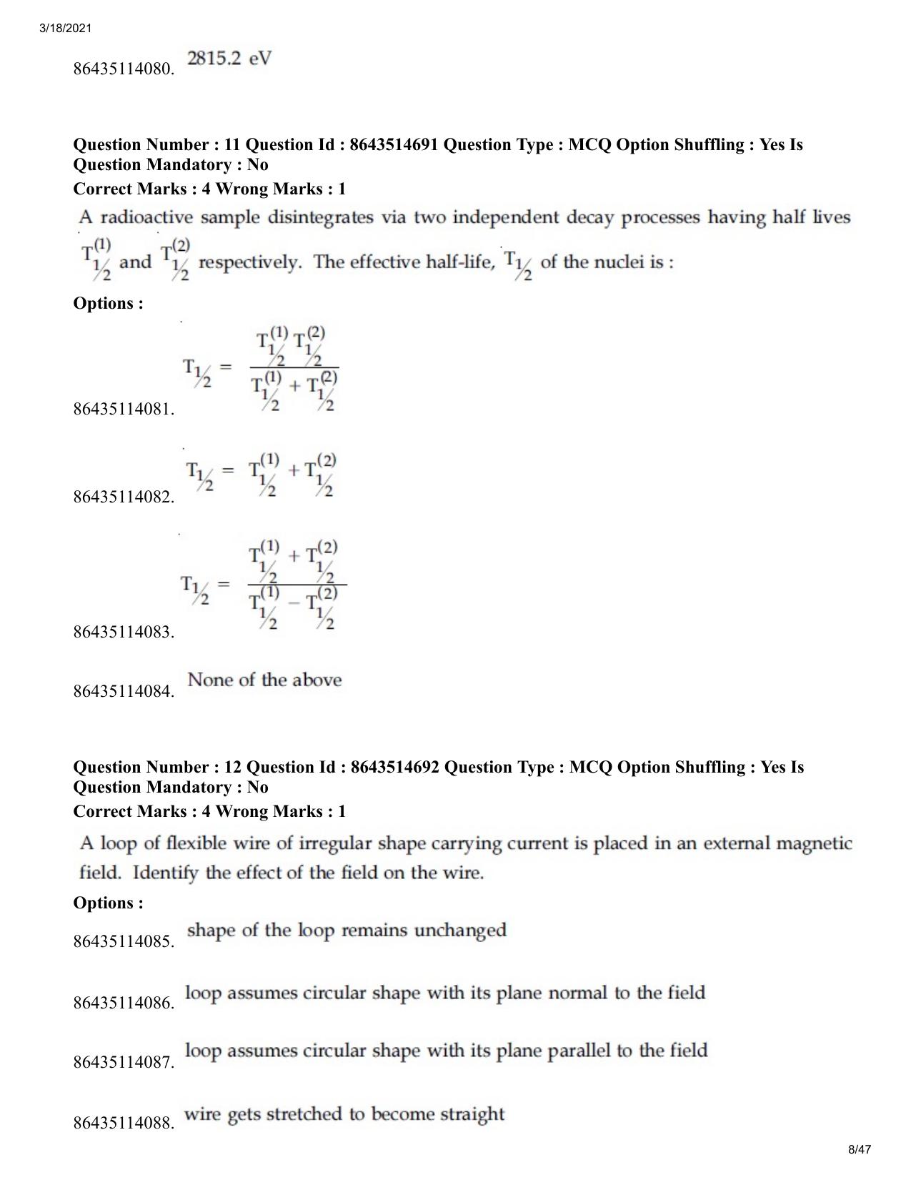 JEE Mains 2021: BTech	(Shift 1) 18-03-2021 Question Paper - Page 8