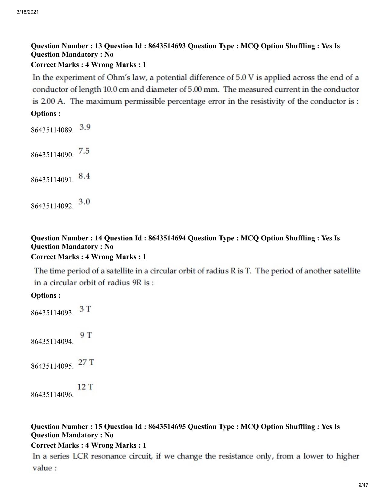 JEE Mains 2021: BTech	(Shift 1) 18-03-2021 Question Paper - Page 9