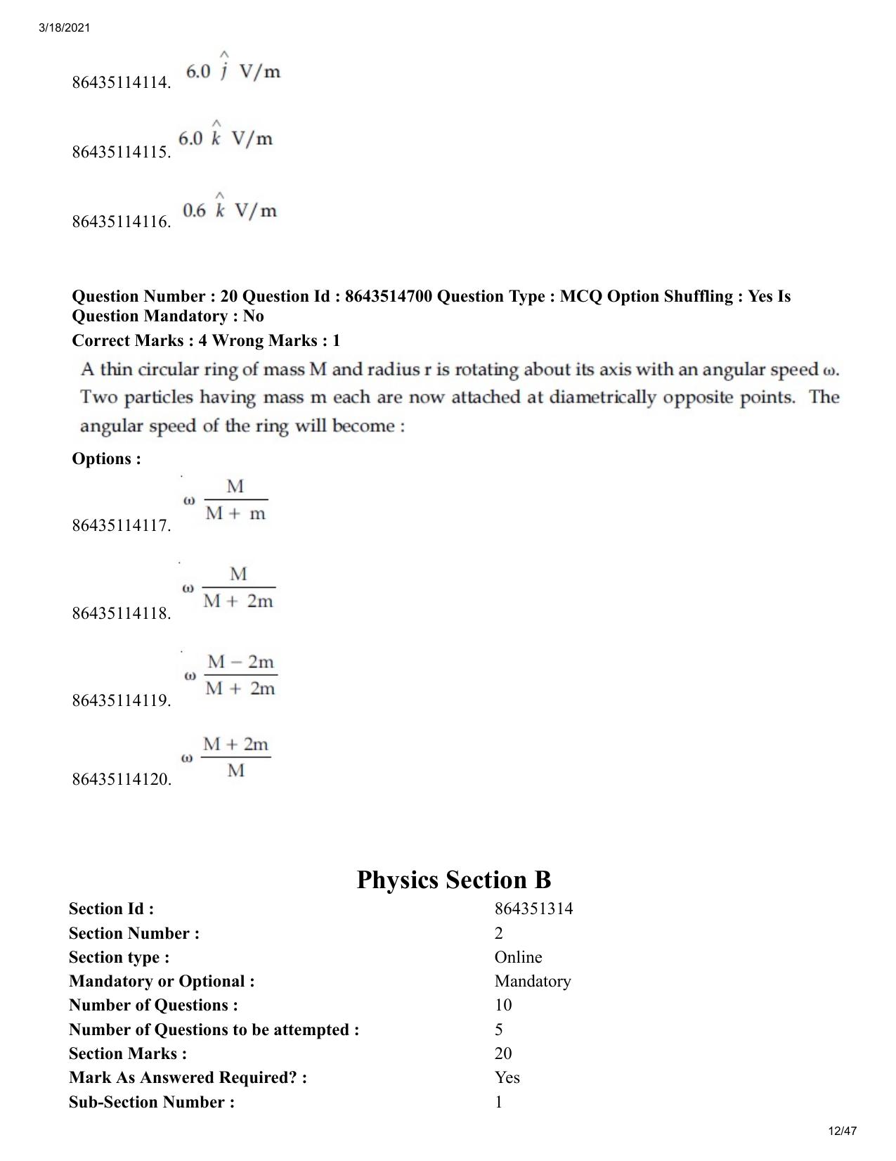 JEE Mains 2021: BTech	(Shift 1) 18-03-2021 Question Paper - Page 12