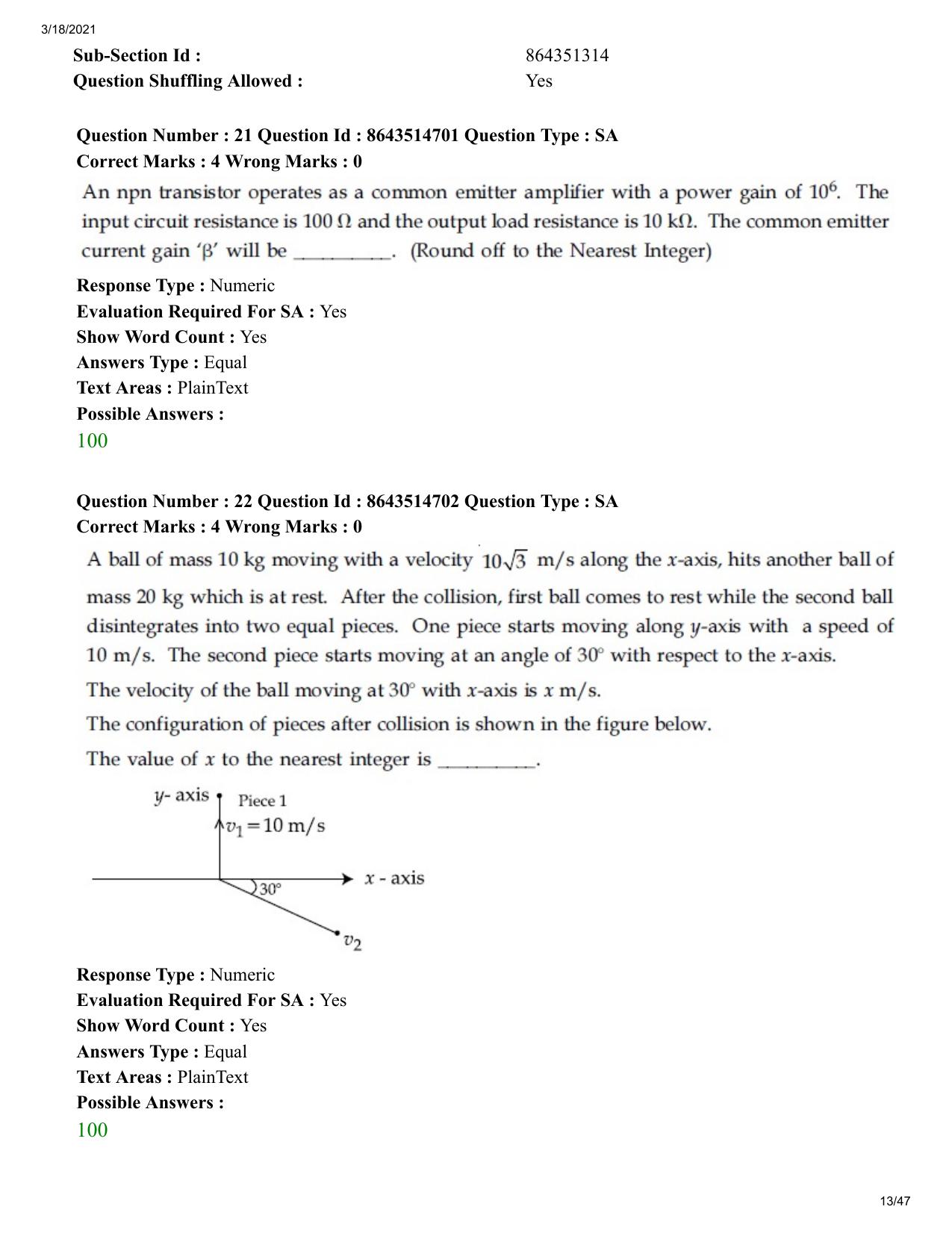 JEE Mains 2021: BTech	(Shift 1) 18-03-2021 Question Paper - Page 13
