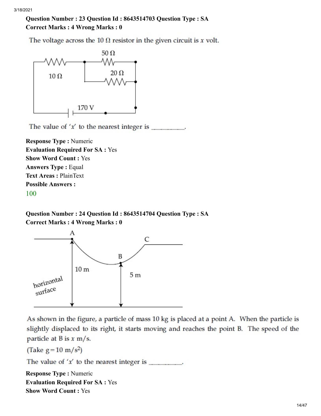 JEE Mains 2021: BTech	(Shift 1) 18-03-2021 Question Paper - Page 14