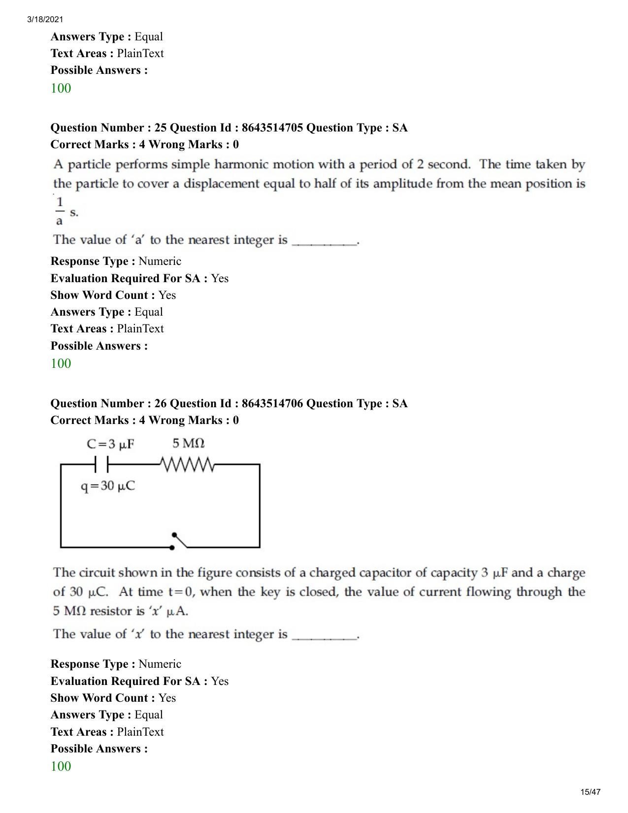 JEE Mains 2021: BTech	(Shift 1) 18-03-2021 Question Paper - Page 15