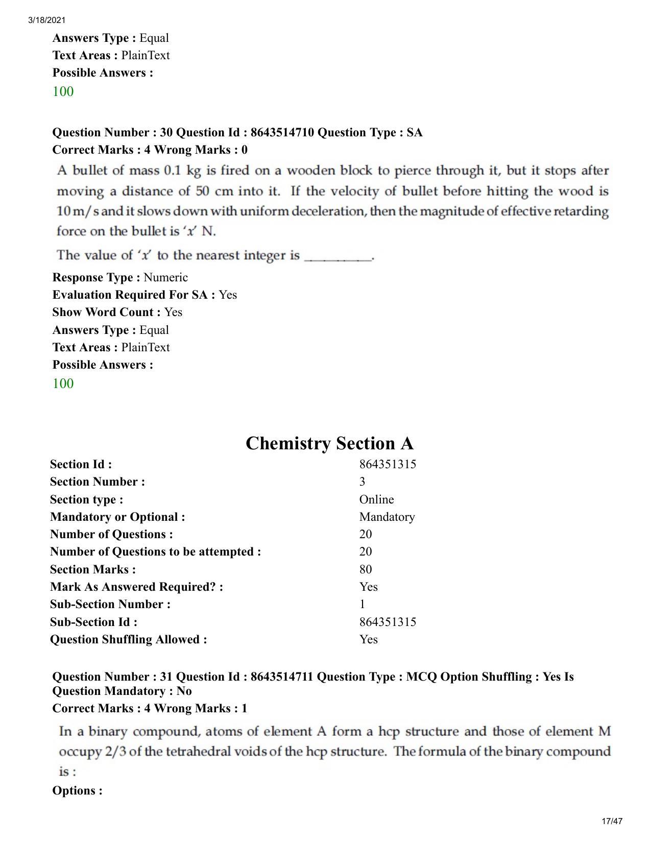 JEE Mains 2021: BTech	(Shift 1) 18-03-2021 Question Paper - Page 17