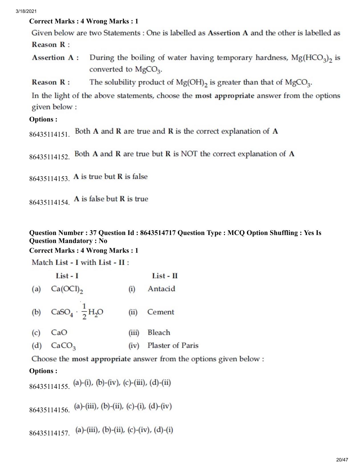 JEE Mains 2021: BTech	(Shift 1) 18-03-2021 Question Paper - Page 20
