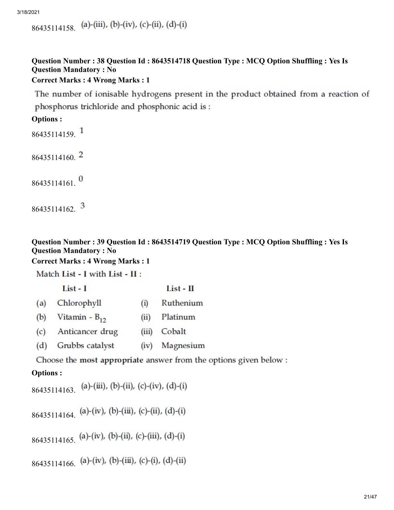 JEE Mains 2021: BTech	(Shift 1) 18-03-2021 Question Paper - Page 21